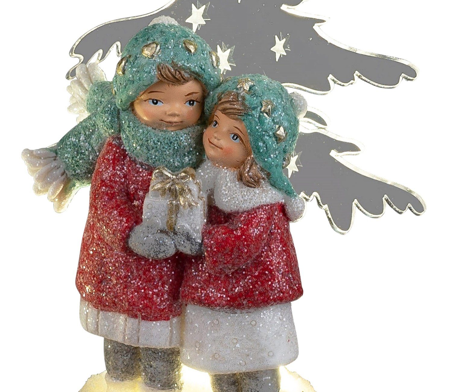 Dekofigur Winterkinder mit Geschenk vor LED Tannenbaum 30cm mit weißem Schnneedekor und Glitter Winterzeit Formano