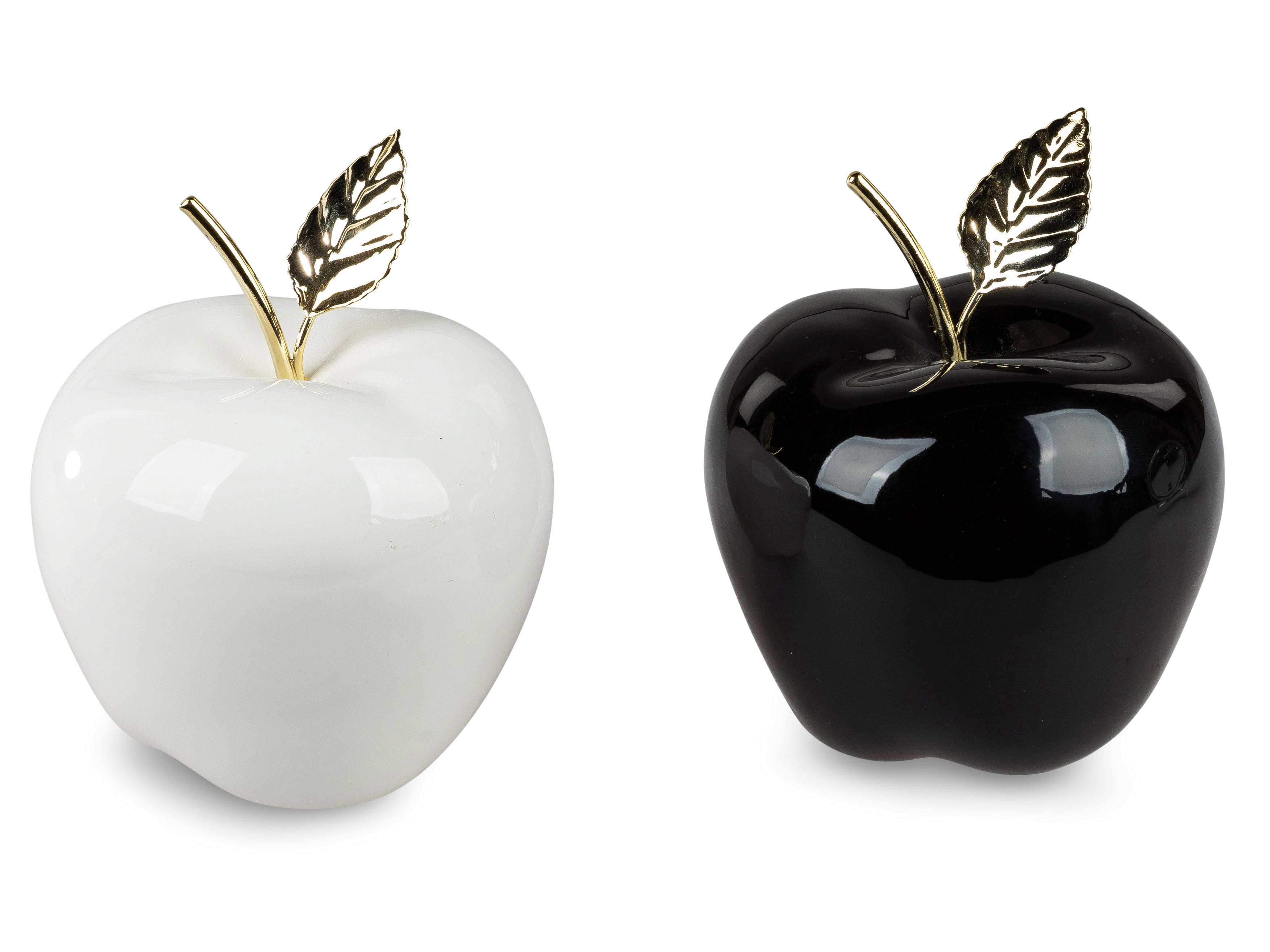 2er Set Dekoobjekt 15cm Apfel sort schwarz/weiß mit Gold Blatt aus Metall  Obst aus Keramik formano