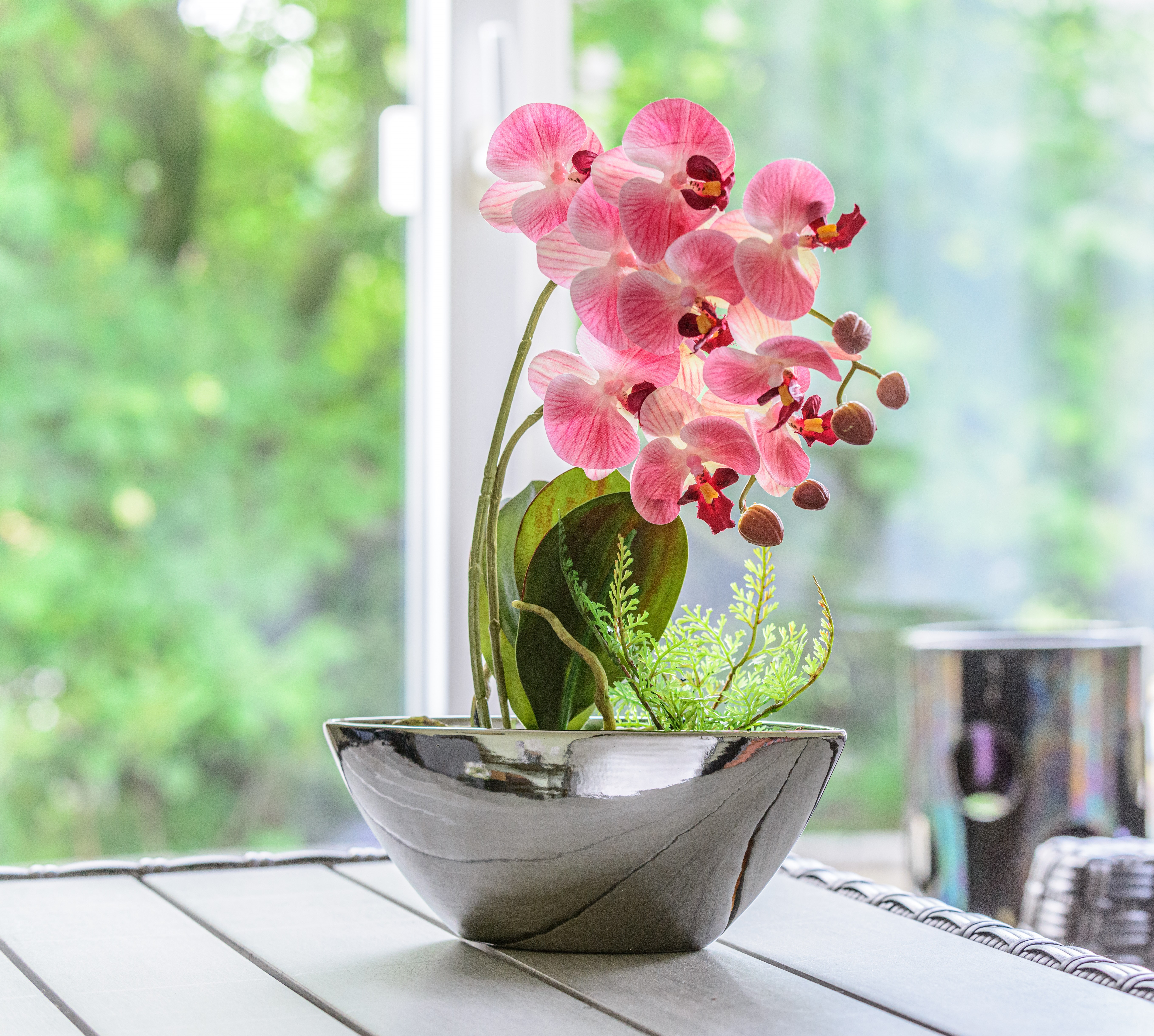Orchidee rosa Kunstpflanze Kunstorchidee in Keramikschale Silber H. 40cm Formano