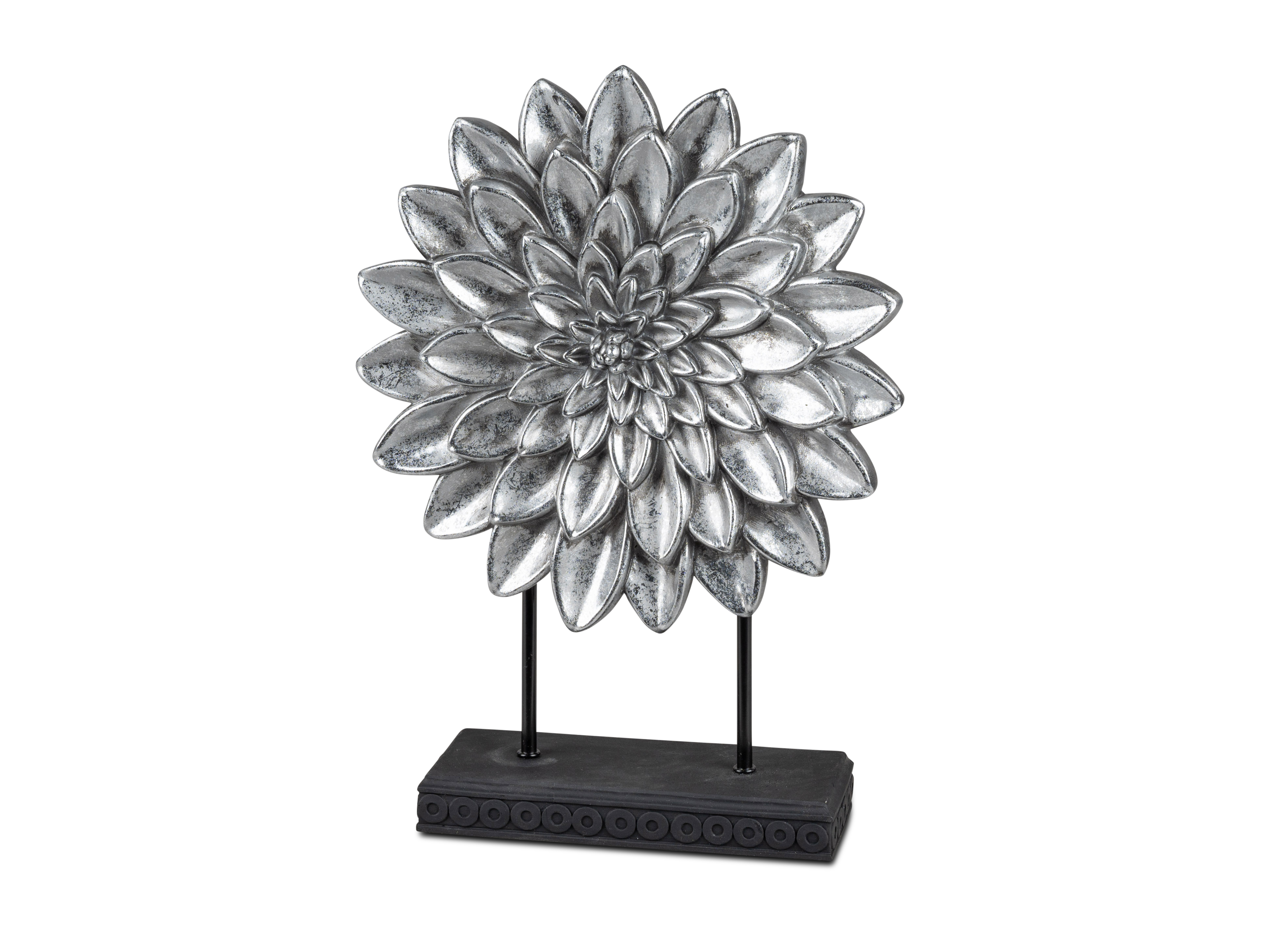 Deko Objekt Blüte H.35cm auf schwarzen Sockel Antik-Silber Skulptur Formano