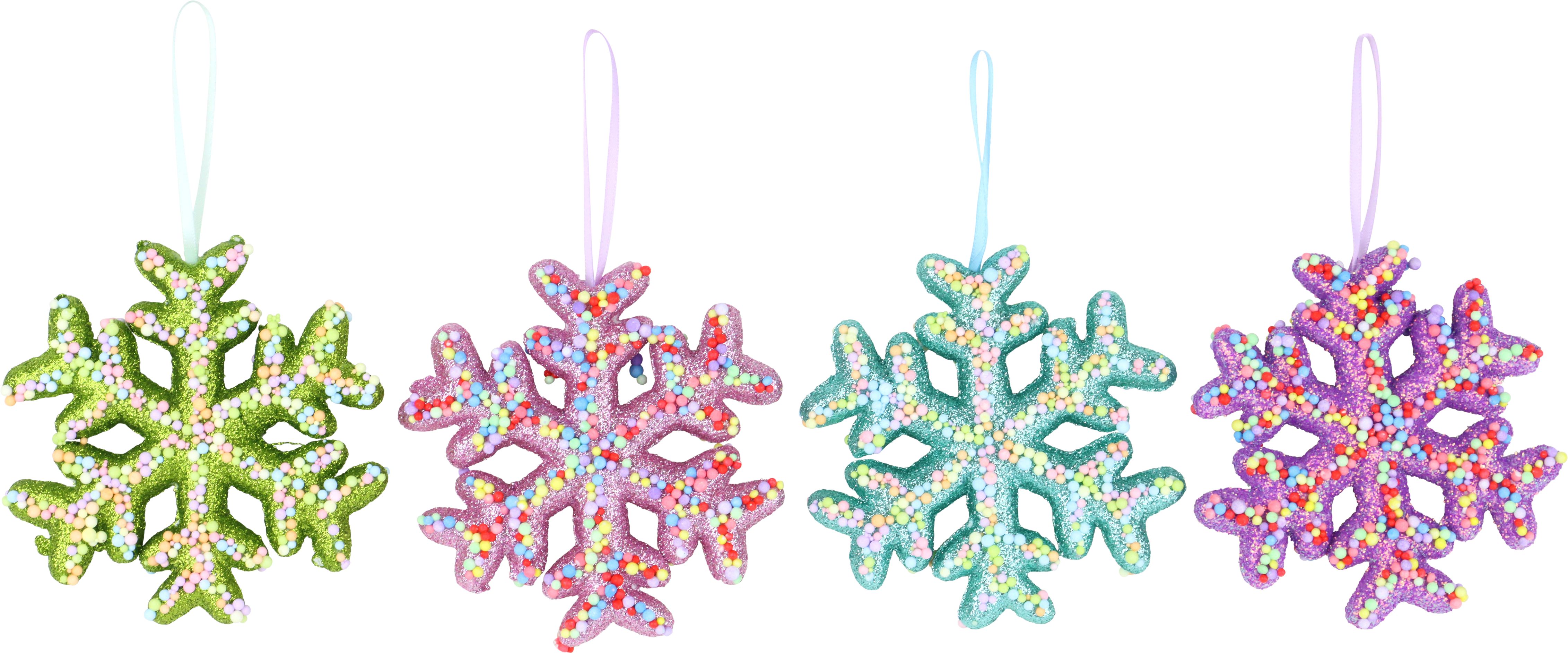 4er Set Hänger Snowflakes "Jolly Xmas" sort. 10x10cm Schneeflocken sort. Candy Farben Weihnachtsbaumschmuck Winterzeit HOFF W24 