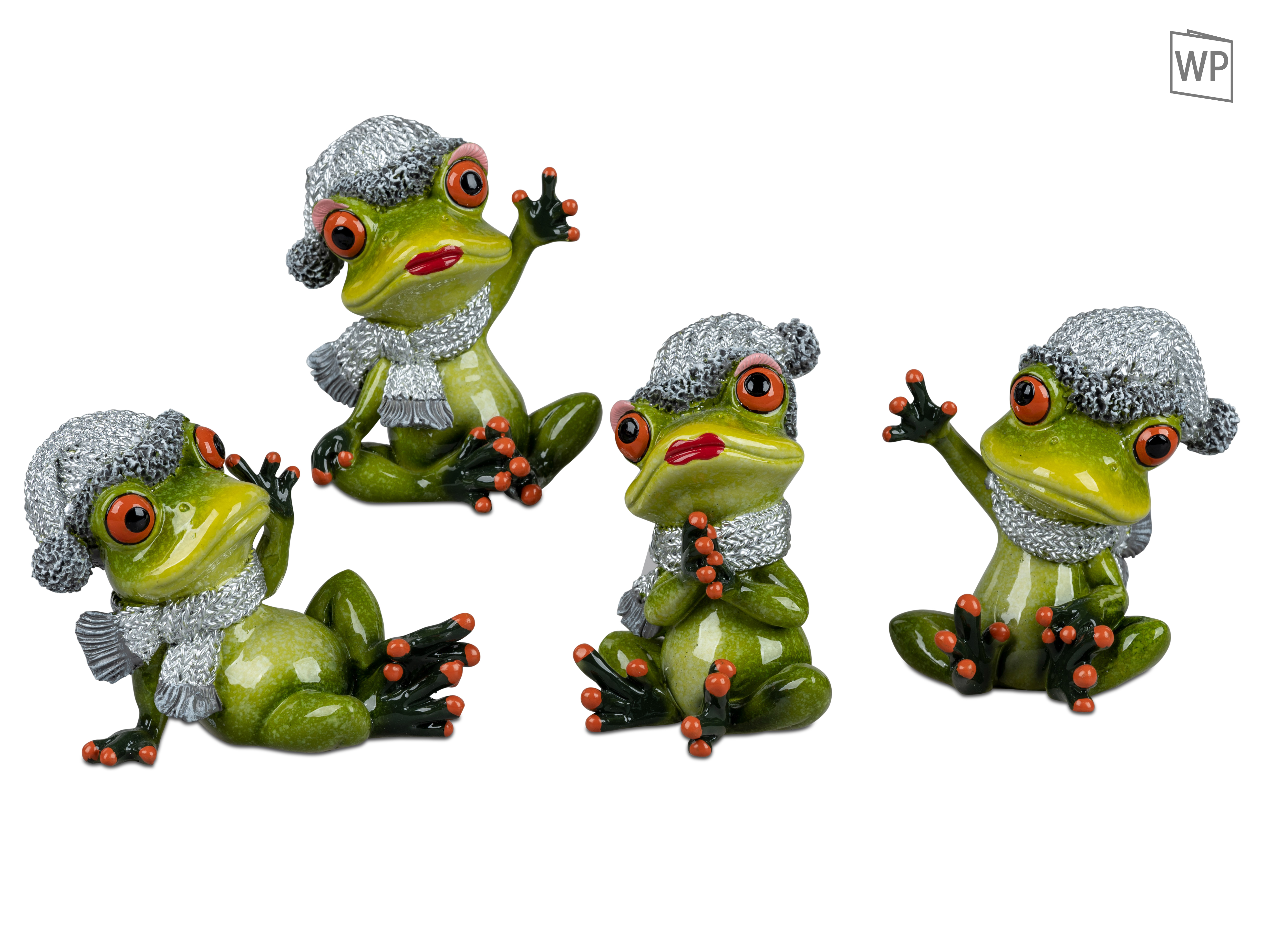 Deko-Figur Winterfrosch Frösche sort. 9 - 11 cm Handbemalte Figur Weihnachtsdeko mit Silber Mütze & Schal