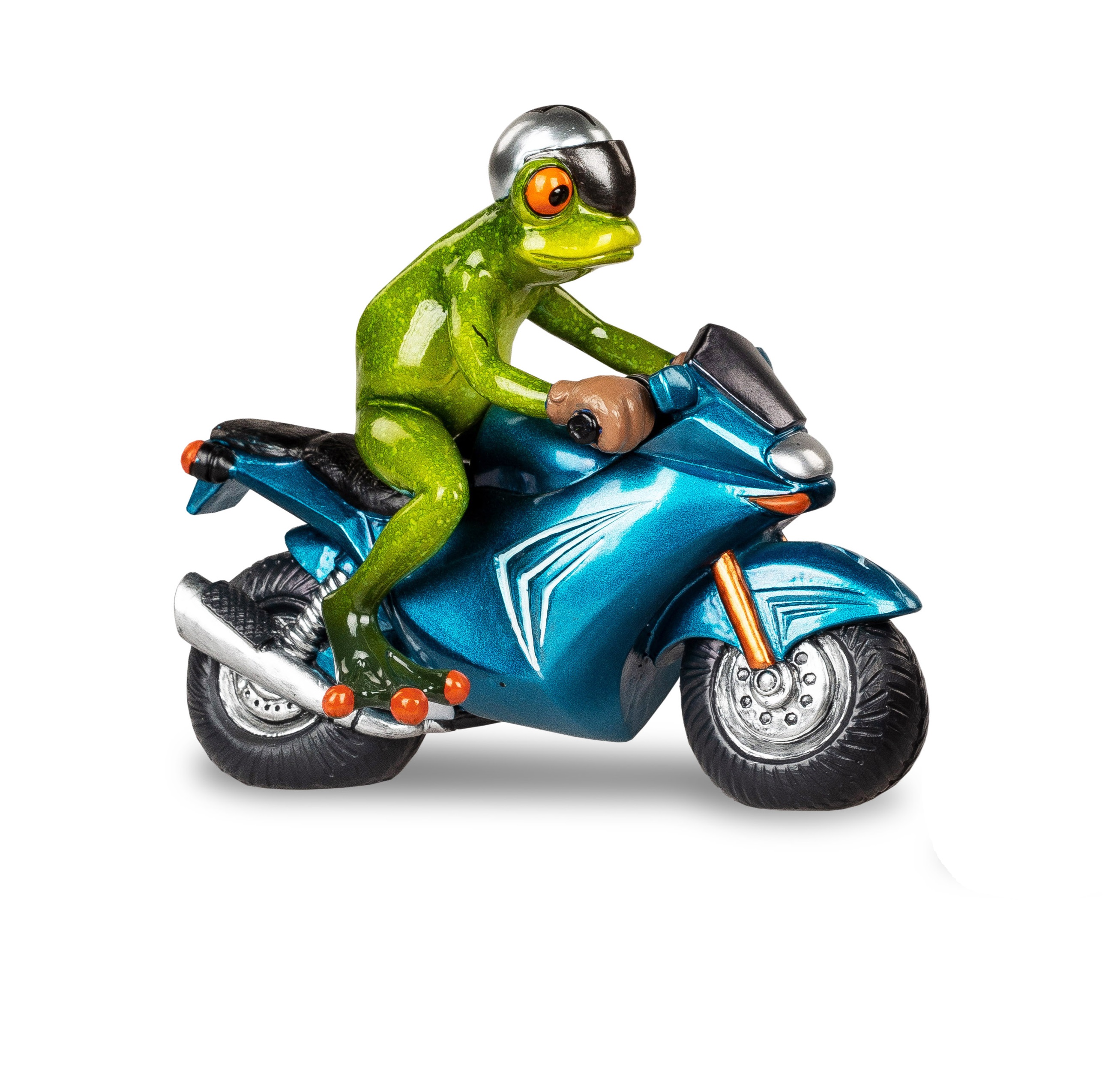Frosch auf auf blauem Motorrad witzige Dekofiguren Froschhausen Formano