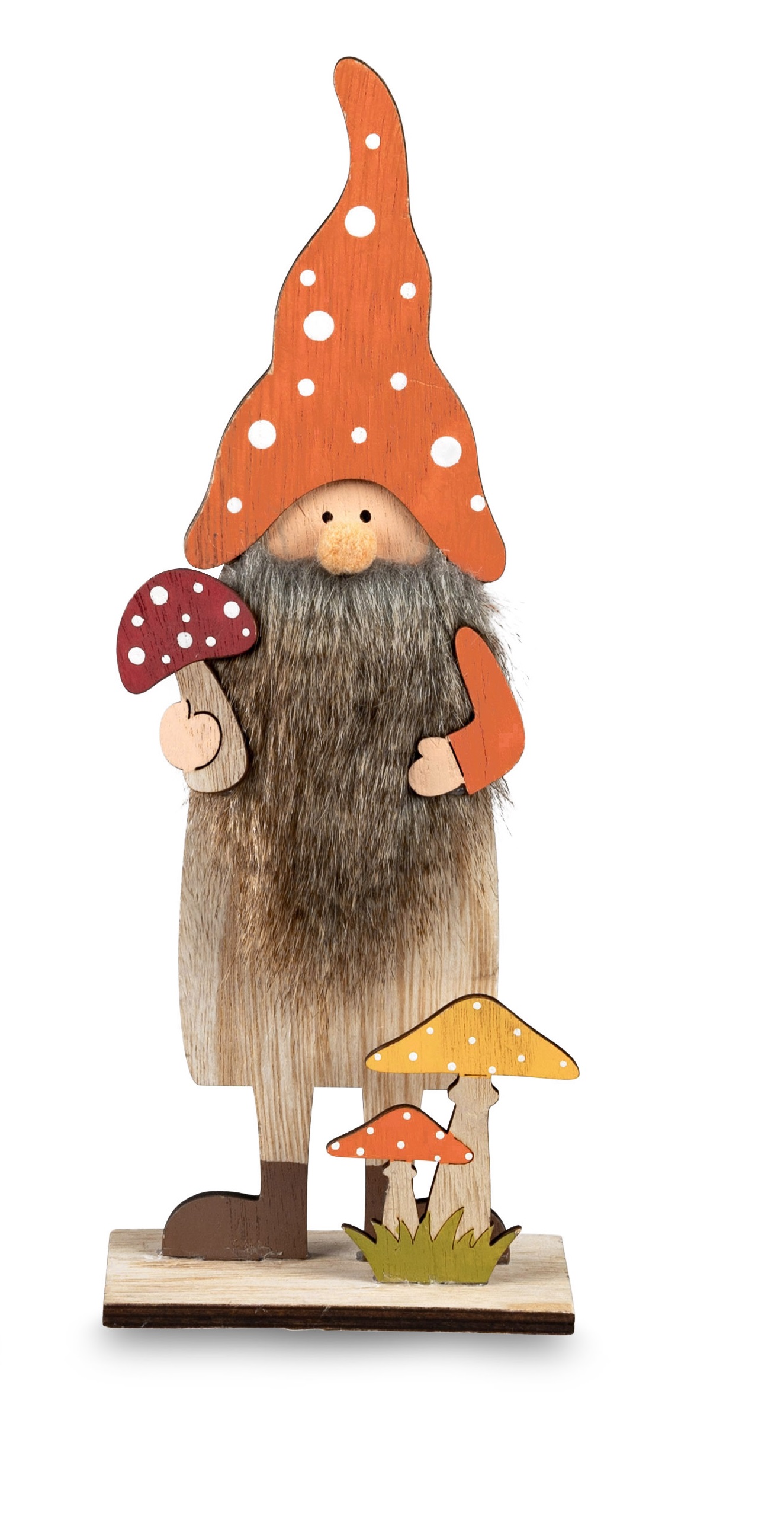 Deko Wichtel 28 cm mit Pilz  aus Holz mit Fell Deko Figur Formano 