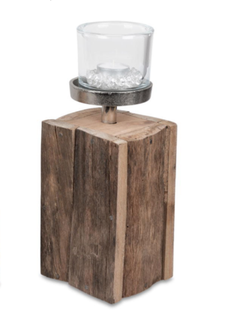 Kerzenhalter Leuchter Wili-Glas H. 34 cm Holz Antik-Alu Windlicht Formano