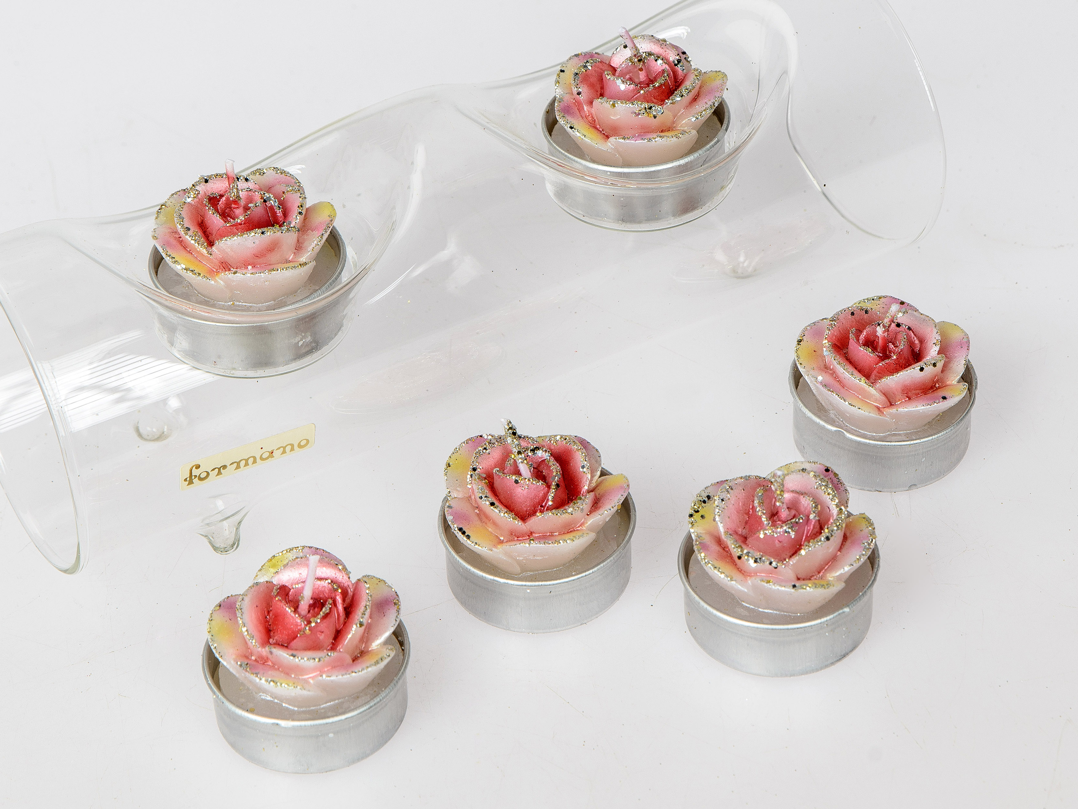 6er SET Teelichter Kerzen Rose rosa mit Eis und Glitter verziert formano