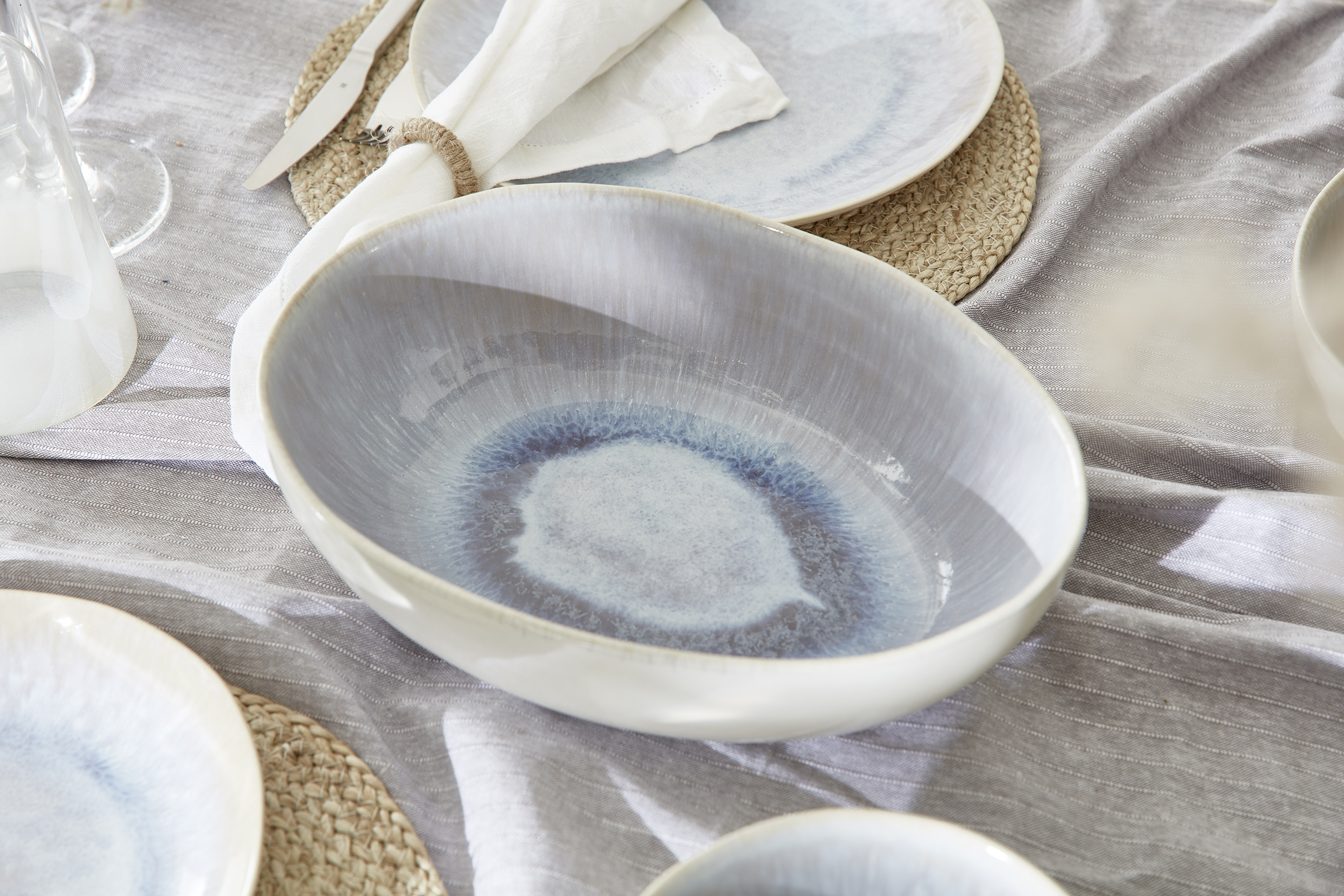 Schale OVAL L.23cm "Milano" Geschirr Steingut Organic - Creme-Blau Formano
