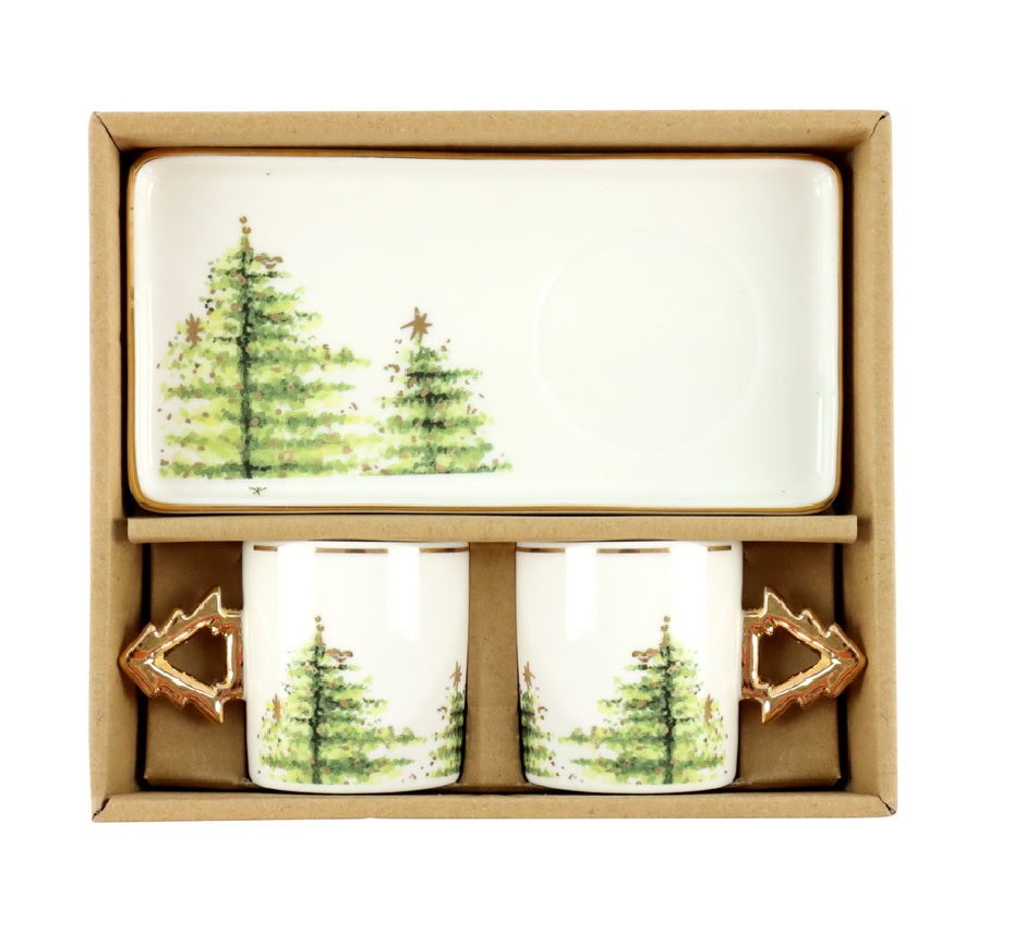 Espresso-2er Set "Forest" aus 4 Teilen Tassen und Untersetzer aus PORZELLAN in Geschenkbox HOFF 