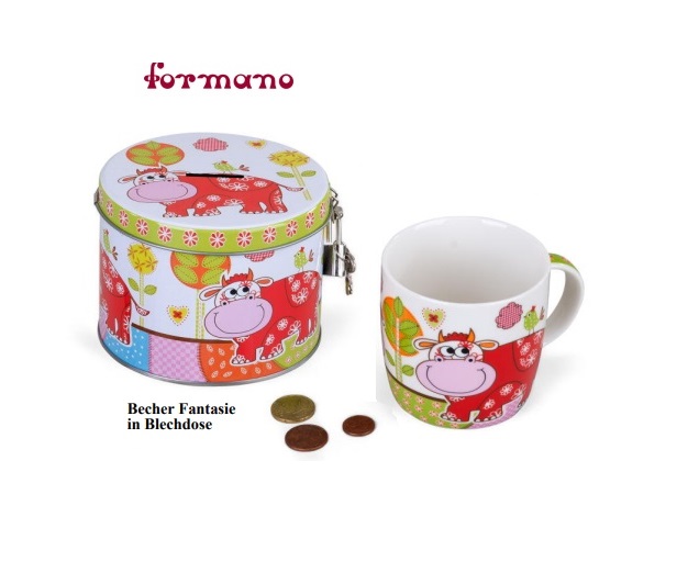 Becher Porzellan SET Fantasie in Metall Spardose mit Schloß Geschenk Formano